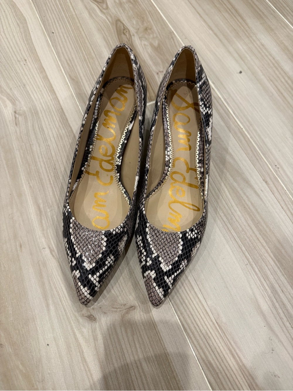 Sam Edelman Black & Taupe Snake-Print Pointed Toe kitten heels